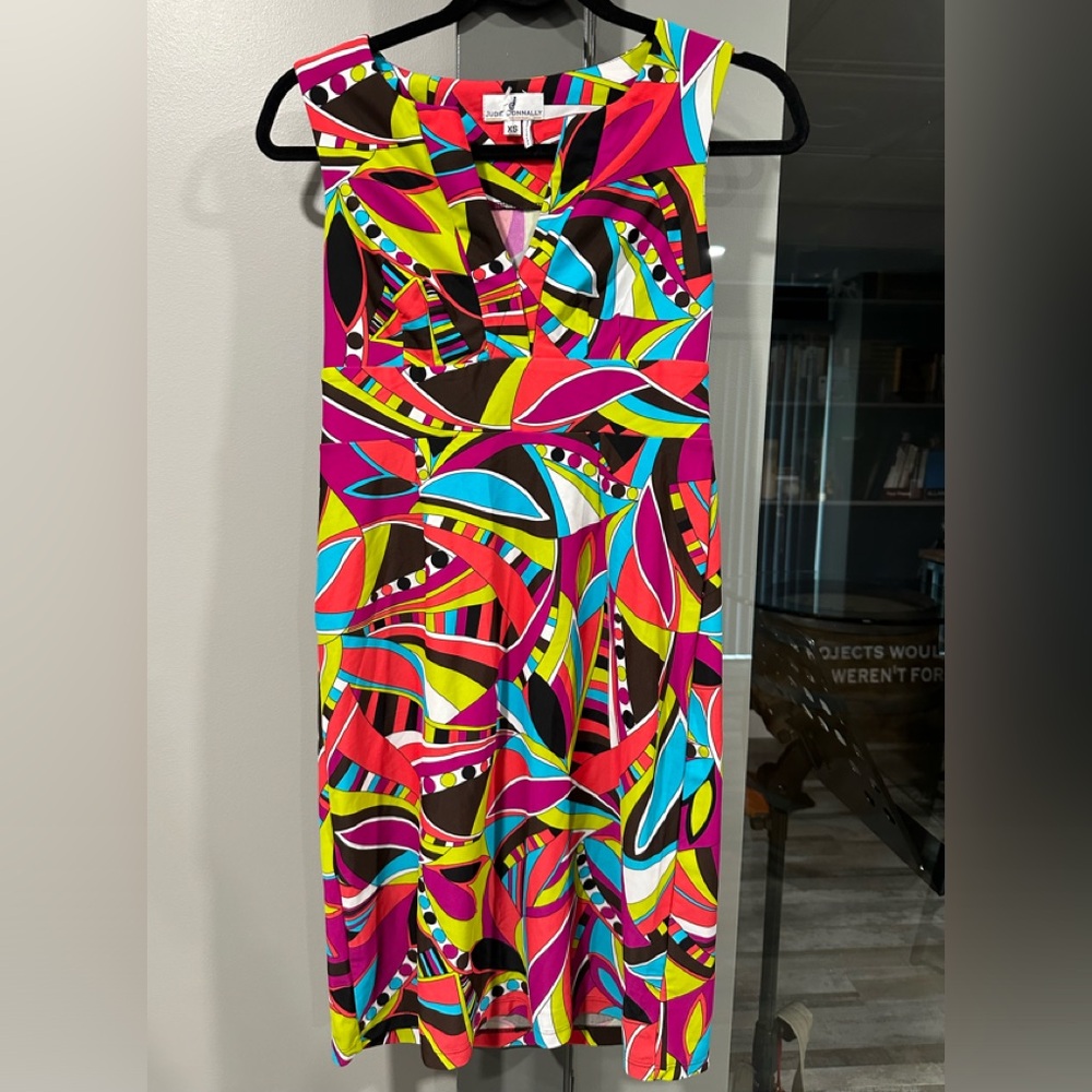 Jude Connally Dress, Retro Tunic V Neck Shift Dress, Multicolor, Sleeveless